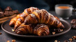 Croissant with chocolate spread and milk, restaurant sweet breakfast menu concept on White Background,generated with Ai