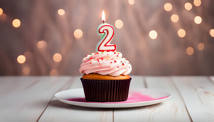 Wall Mural - Birthday cupcake with lit birthday candle Number two for two years or second anniversary