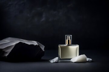 white perfume bottle in a minimalist dark stone background