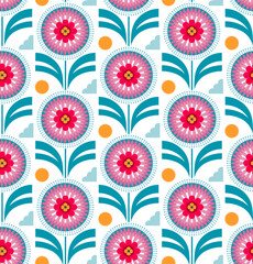 Mid-century modern retro style colorful flower and sun cloud seamless pattern,  vintage floral mid mod repeat design in pink yellow teal color palette, vector illustration graphic print design