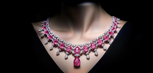 Wall Mural - Red ruby necklace with white gems on woman neck