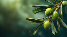 Branch Of Olive Fruit With Water Drops And Green Leaves On Blurred Green Background.