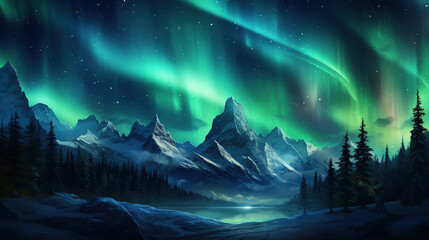 Sticker - northern lights at night over the mountains