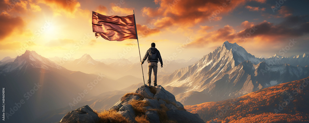 man holding a flag high on top of the Mount, Success Concept: Achieving ...