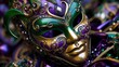 Mardi Gras Venetian masks in golden purple green colors background. Festive colorful Carnival Mardi Gras masquerade mask design for banner, greeting card, prints, poster, party invitation, flyer..