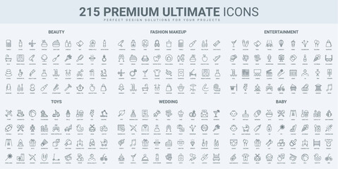 Wall Mural - beauty salon, entertainment and wedding event, baby care thin black line icons set vector illustrati