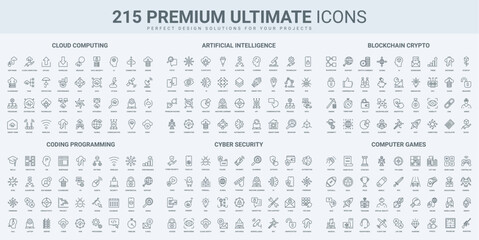 Fototapete - Cloud computing, program development, privacy thin black line icons set vector illustration. Outline symbols of computer and mobile games, software code and AI, network access and data protection