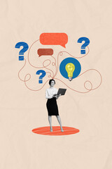 Canvas Print - Creative poster collage of young female entrepreneur internet electric bulb idea question mark freak bizarre unusual fantasy billboard