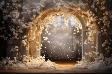 Wedding Backdrop, Maternity Backdrop, Floral Arch, Digital Backdrop In A Cozy, Boho, Sparkle, Rustic Contemporary Palace Room, Short Exposure, Focal Blur, Bokeh, Flare, Shimmering Lights, 