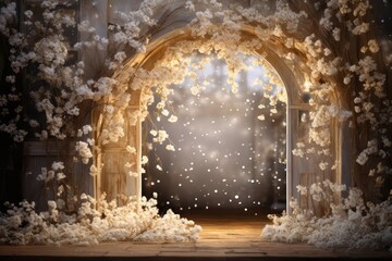 wedding backdrop, maternity backdrop, floral arch, digital backdrop in a cozy, boho, sparkle, rustic contemporary palace room, short exposure, focal blur, bokeh, flare, shimmering lights, 