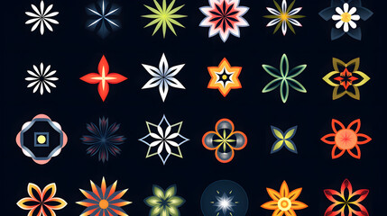 Collection of star and flower geometric shapes, inspired by Brutalism. Colorful, minimalist and abstract symbols. Isolated vector and decorative patterns. generative ai.