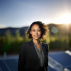 Wall Mural - Portrait of young businesswoman and sustainable business entrepreneur staring at the camera with solar farm and solar panels in the background. Isolated shot with bokeh