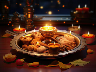 Colorful Diwali Puja Plate adorned with vibrant hues, sacred diyas, fragrant incense, auspicious idols, and delightful festive treats