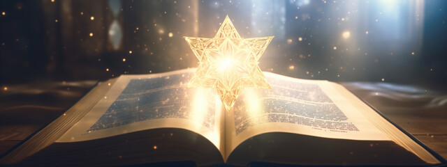 Wall Mural - The Book of Judaism with Star of David as Jewish symbol on sunny blurred background with lights. Abstract antique magic open book. Religious belief, faith and worship. Religion concept