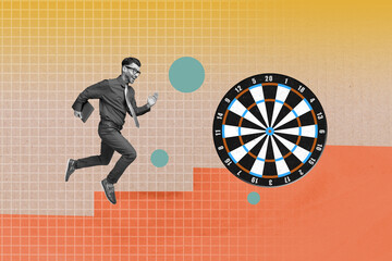 Sticker - Creative trend collage illustration of funny businessman running to collect more points in darts game isolated over orange background