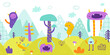 Surreal landscape panorama with colorful monsters. Abstract bottom border with strange creatures.