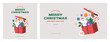 © DDDART - Christmas open gift box banner. Xmas sticker icon set. Festive decorative object pops out. Boxing day surprise concept. Holiday winter background. Isolated. Trendy style vector flat illustration.