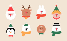 Merry Christmas Character Face Set. Xmas Avatar. Santa Claus, Animal, Snowman, Elf, Polar Bear, Reindeer, Rabbit, Penguin, Gingerbread Man. Holiday Winter Design. Trendy Style Vector Flat Illustration