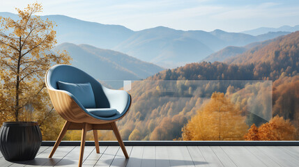 Empty chair in a wooden modern terrace of a cottage in mountain village, face to beautiful mountain landscape view. Poster, Banner with copy space.. Vacation and tourism concept. Caucasian mountains