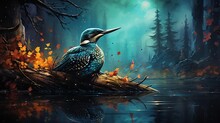 Fantasy Landscape With A Blue Kingfisher Sitting On A Log In The Forest