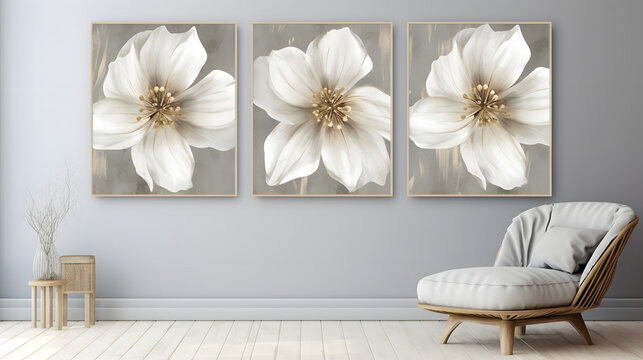 Set of three white and golden flower on gray background. generative ai.