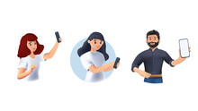 Young People Use Smartphones, Chatting, Making Selfie And Listening Music 3D. Happy Boys And Girls Talking And Typing On Phone. Female And Male Characters Collection. 3D Cartoon Vector Illustration