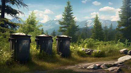 Wall Mural - Three trash cans with nature in the background