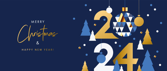 Wall Mural - Merry Christmas and Happy New Year banner, greeting card, poster, holiday cover, header. Modern Xmas design in geometric style with triangle pattern, Christmas tree, ball, snow and 2024 number on blue