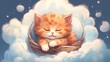 cute kitten sleeping on a cloud watercolor drawing.Generative AI