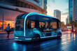 Futuristic autonomous bus on city street at dusk