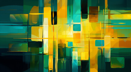 A geometric array of lines and shapes in green and yellow, evokes a sense of motion and depth