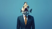 Human Body Whith Fish Head Wearing Suit Blue Background.Generative AI