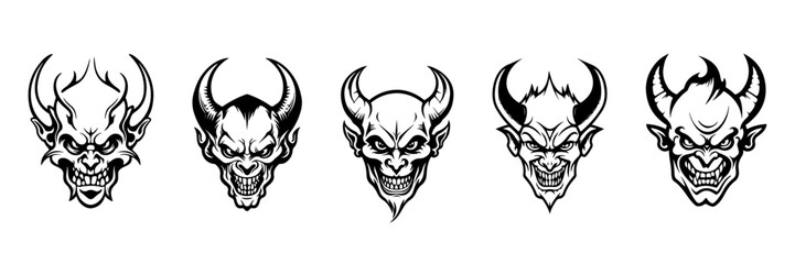 Wall Mural - set Silhouette demon face icon. Vector illustration design. tattoo and t-shirt design black and white hand drawn horned devil head face Demon head, Devil horn mask Scary mask isolated sticker