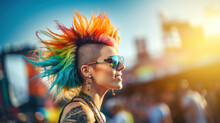 Young Female Punk With Colorful Mohawk Hairstyle At Music Festival