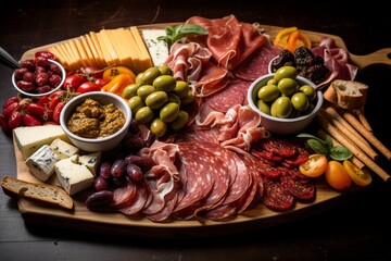 Wall Mural - A platter of antipasto with a variety of cured meats, cheeses, and olives.