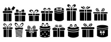 Set Of 16 Gift Box Silhouette Icons. Vector Illustration Isolated On White Background