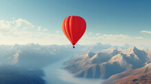 Red Hot Air Balloon Flying Over A Mountain Range In The Sky: Beautiful Landscape Background With Copy Space For Valentine's Day Banner Or Poster.
