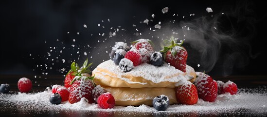 Aufkleber - Berries topped with powdered sugar on Japanese fluffy pancakes copy space image