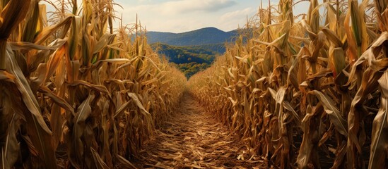 Wall Mural - After the mountain harvest in western North Carolina the corn fields serve as decoration and puzzling mazes copy space image