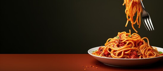 Fototapete - Arrabbiata pasta homemade spaghetti in spicy tomato sauce served with a fork copy space image