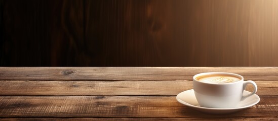 Aufkleber - Coffee with milk on a wooden table copy space image