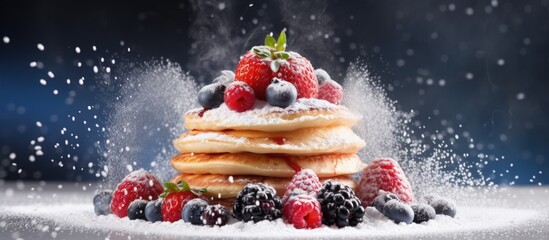 Aufkleber - Berries topped with powdered sugar on Japanese fluffy pancakes copy space image