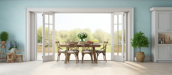 Charming dining room with beautiful vintage decor and folding doors copy space image