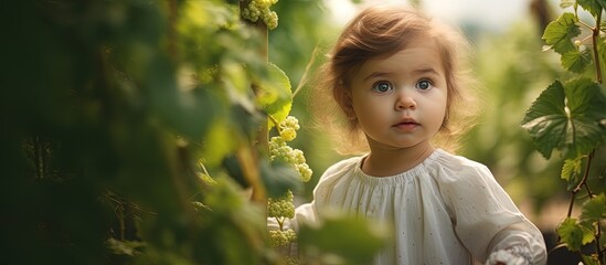 Beautiful baby girl in cotton outfit exploring garden surrounded by vines Perfect for game design natural landscape and pure joy copy space image