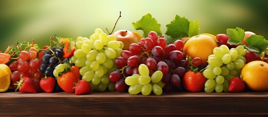 Fototapete - Close up of fresh ripe green grapes strawberries and tangerines copy space image