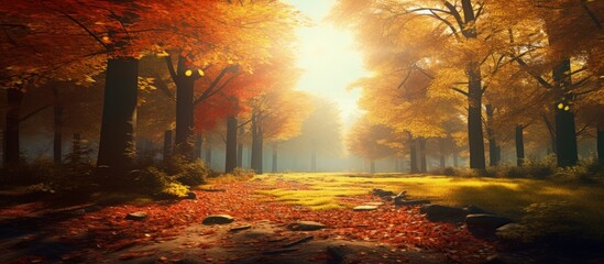 Wall Mural - colorful autumn forest with sunny background copy space image