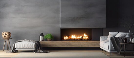 Poster - Beautiful modern living room with a fireplace inside copy space image
