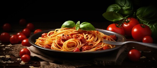 Fototapete - Arrabbiata pasta homemade spaghetti in spicy tomato sauce served with a fork copy space image