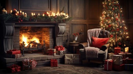 Canvas Print - A living room with a christmas tree and a fire place