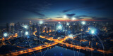 Fototapeta Przestrzenne - Abstract night city with lights and connection lines. 3D Rendering  Modern city in the clouds rendering toned image double exposure Modern cityscape buildings and digital connection concept.   